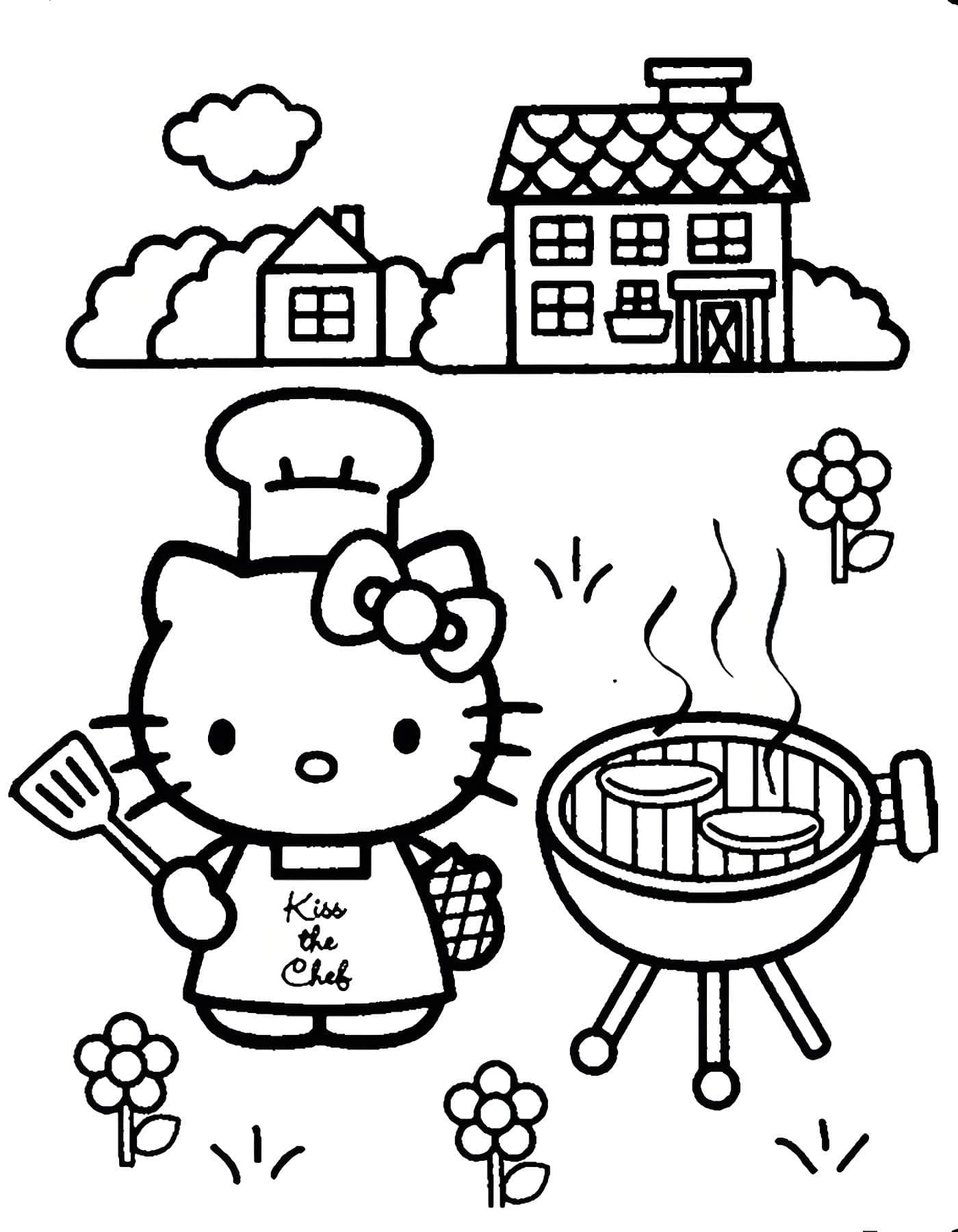 Hello kitty yemek yaparken boyama icin resim