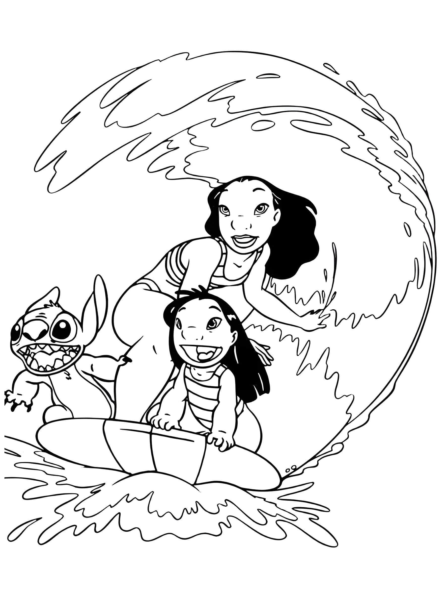 Lilo ve stitch ile sörf yapan nani çizimi yazdırmak için
